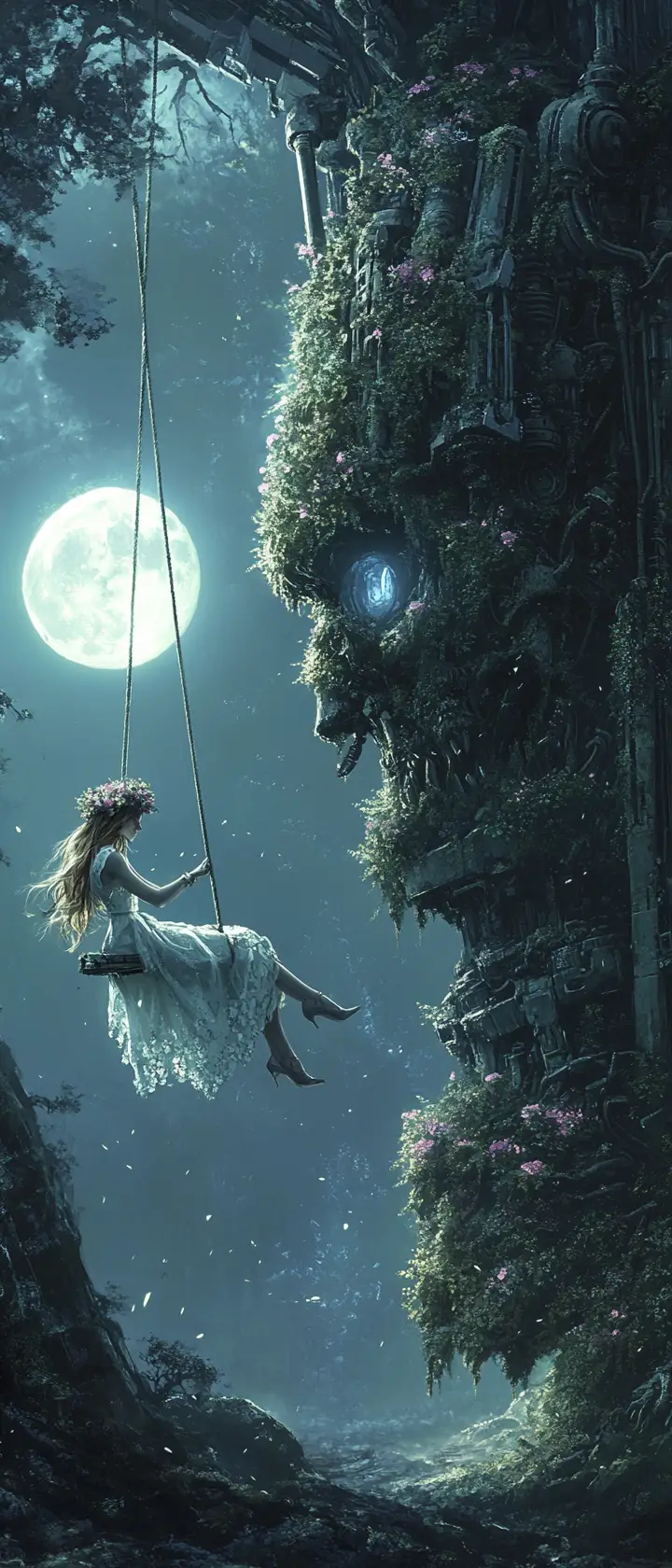 Woman on a swing in a moonlit robotic forest