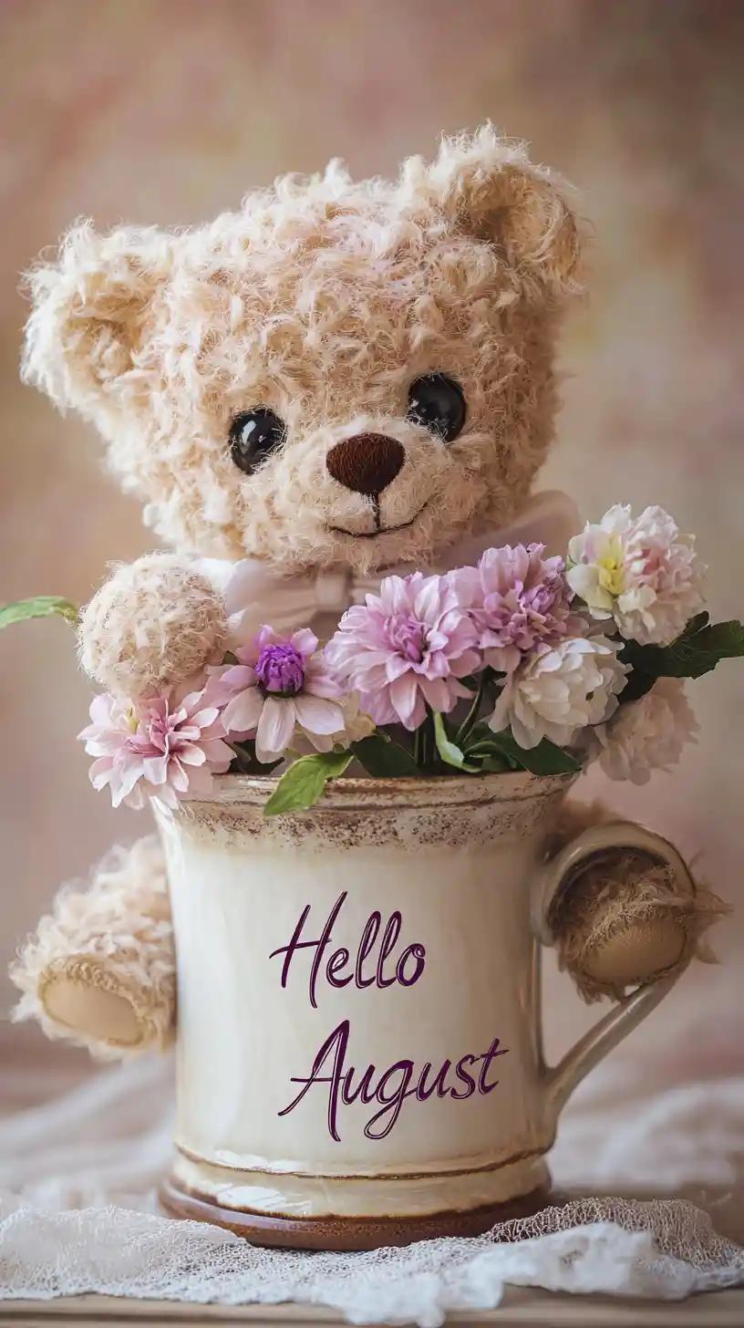 Cute teddy bear in cup with pastel dahlia flowers