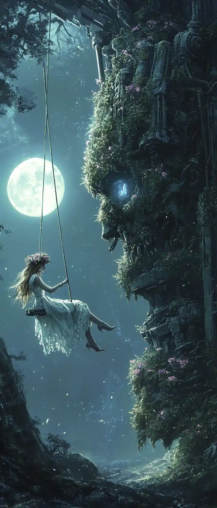 Woman on a swing in a moonlit robotic forest