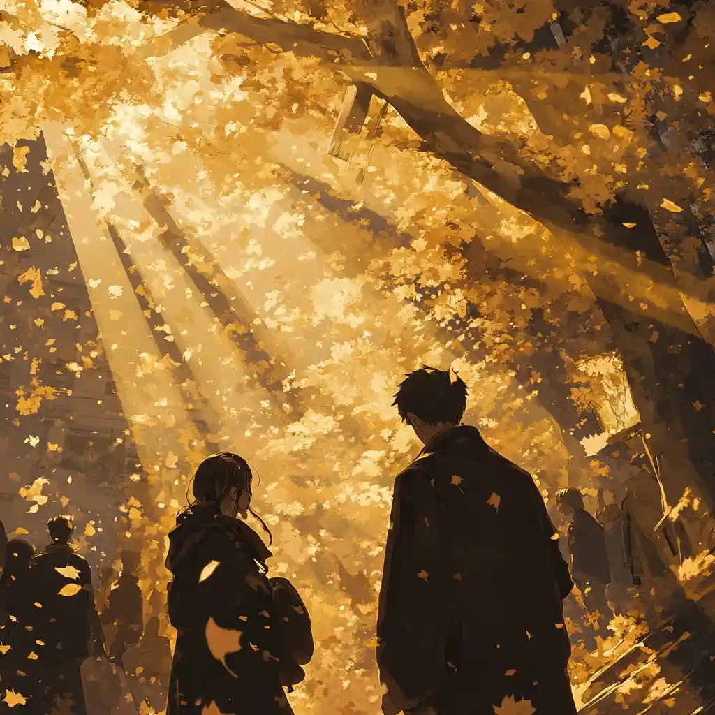 Anime couple farewell on a sunlit autumn city street