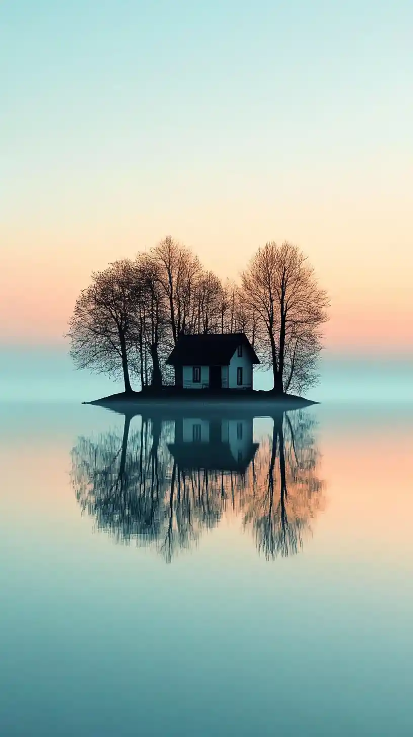 Lonely Cabin On Tiny Lake Island At Peaceful Sunrise