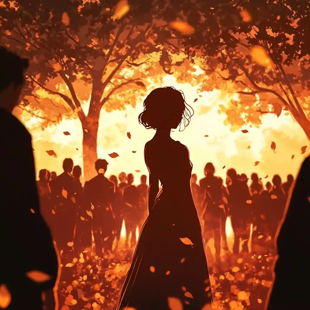 Femme d'anime solitaire au soleil au-delà d'une foule lointaine
