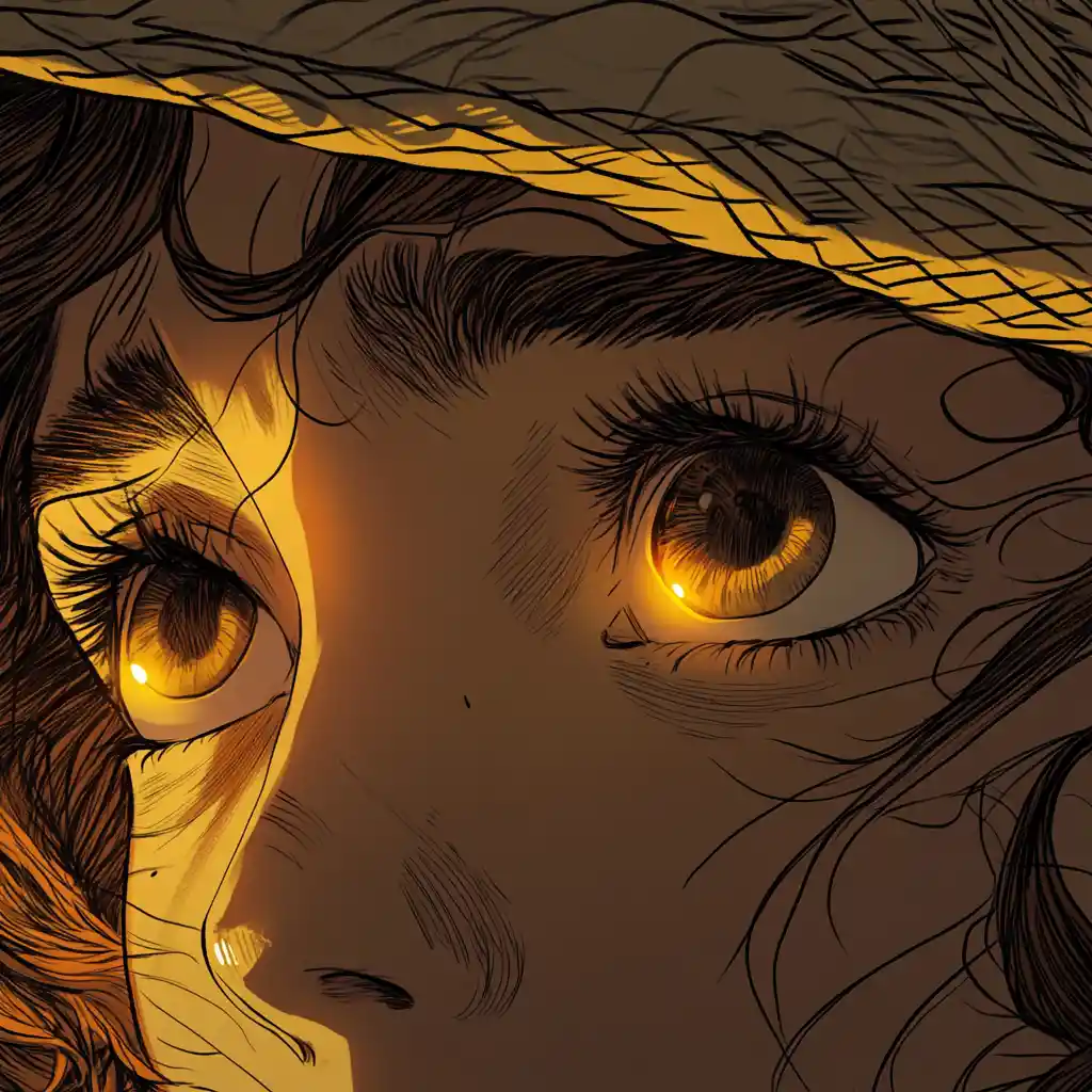 Tearful woman in bonnet with glowing backlit eyes
