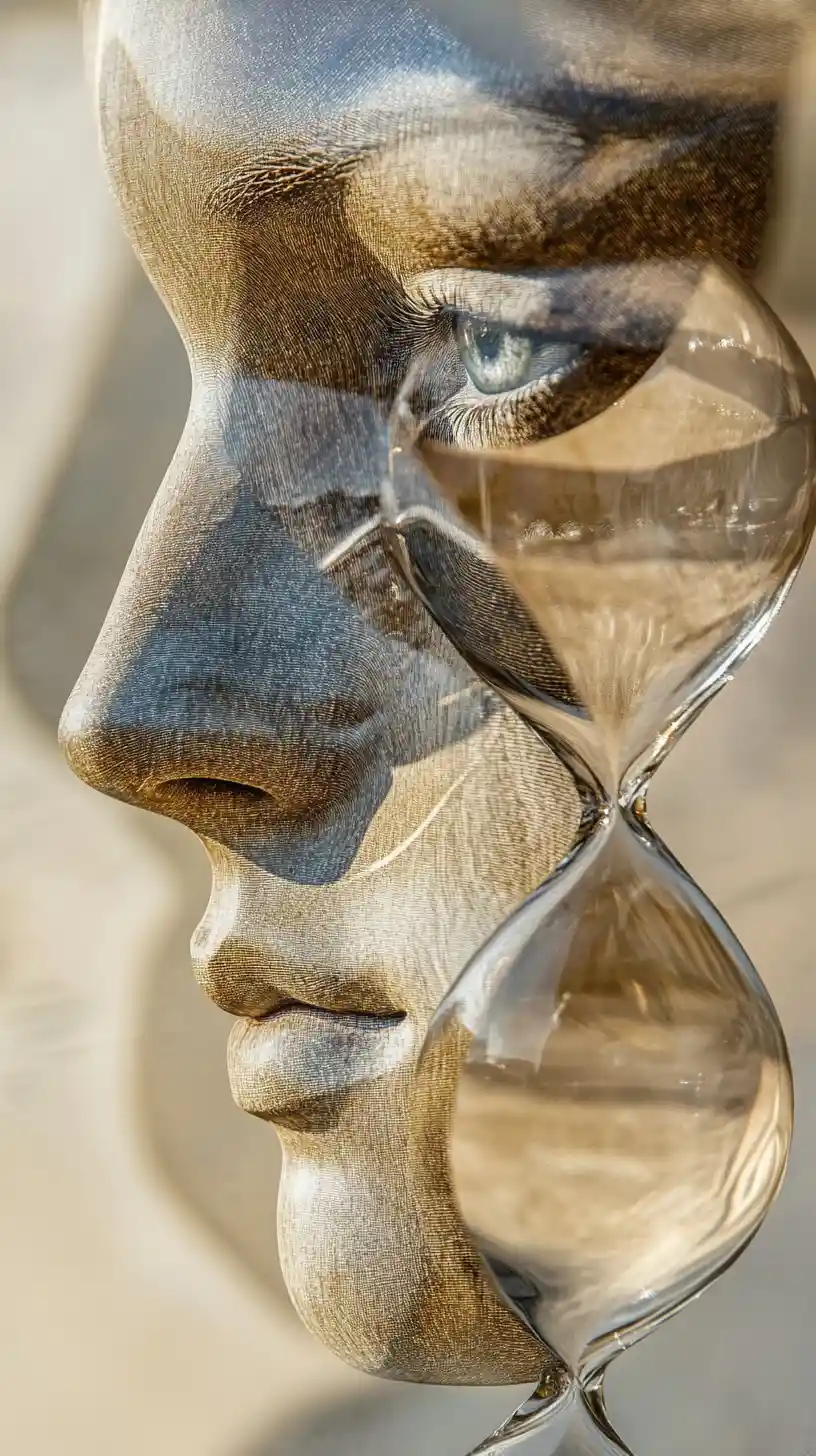 Surreal double exposure hourglass with abstract shapes