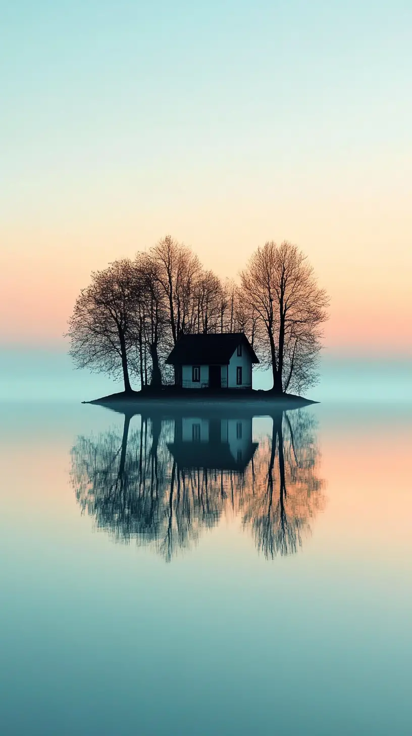 Lonely Cabin On Tiny Lake Island At Peaceful Sunrise