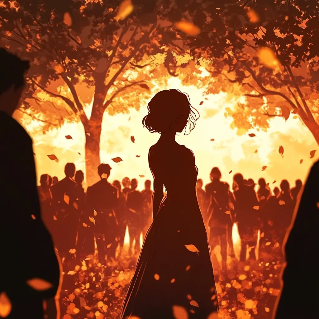 Lonely anime woman in sunlight beyond a distant crowd