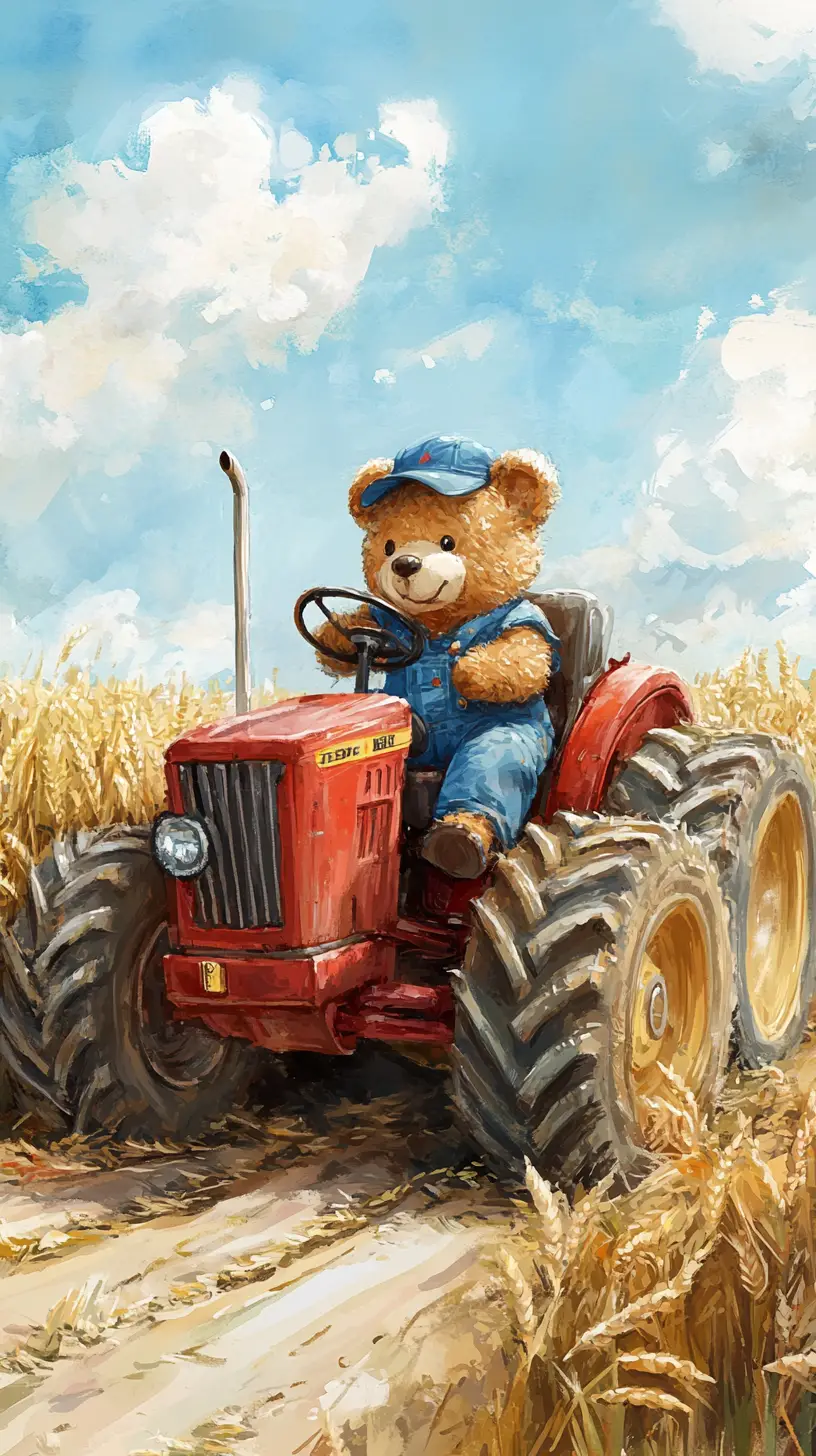 Watercolor teddy bear driving a red tractor on farm