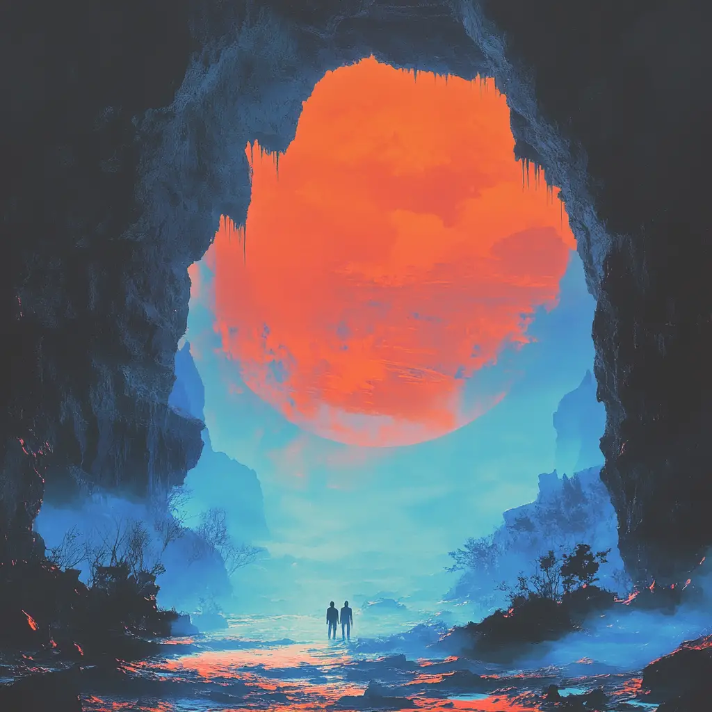 Two figures at a glowing cave beneath a vast stone arch