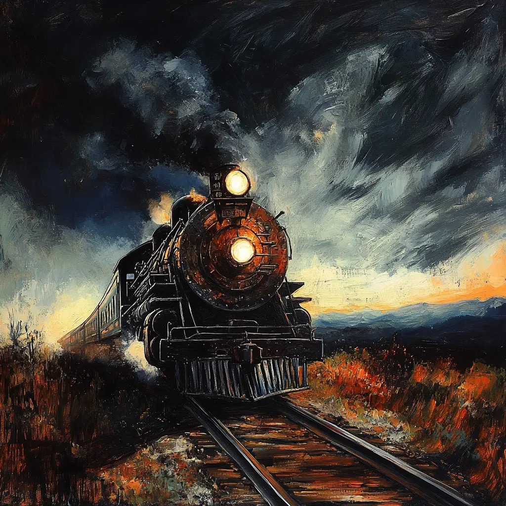 Dark long black train rushing down the lonely railway