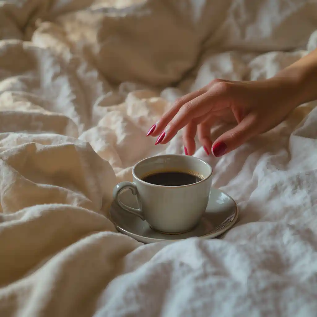 Cozy coffee cup on unmade bed with woman hand