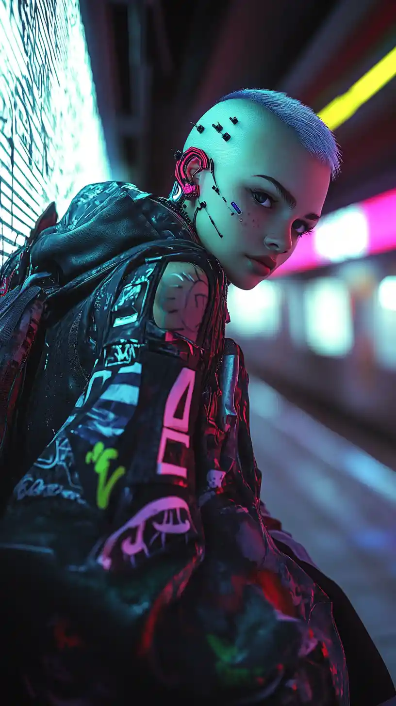 Ragazza cyberpunk che fa graffiti su una parete luminosa della metro