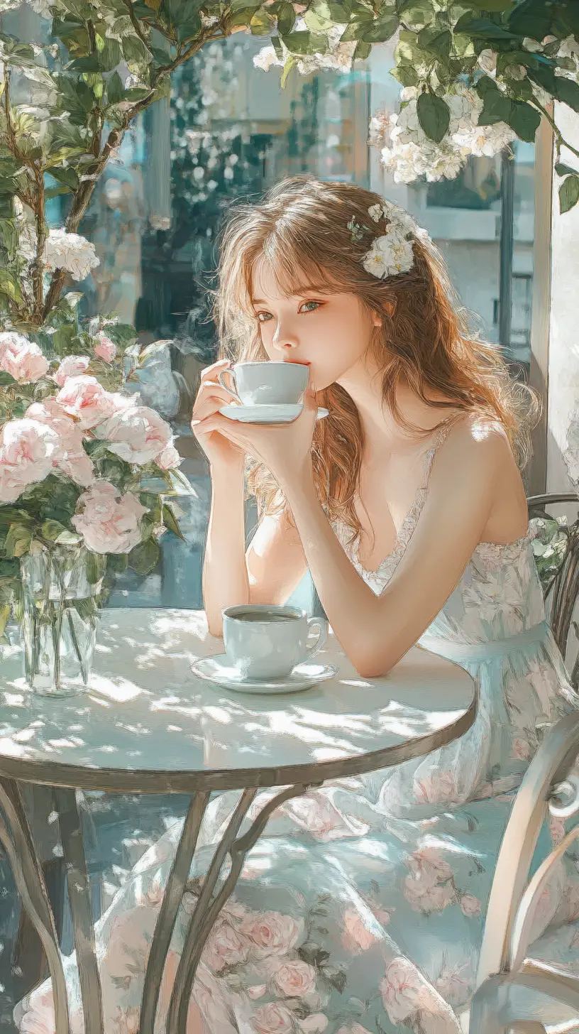 Romantic woman at floral cafe table in watercolor scene