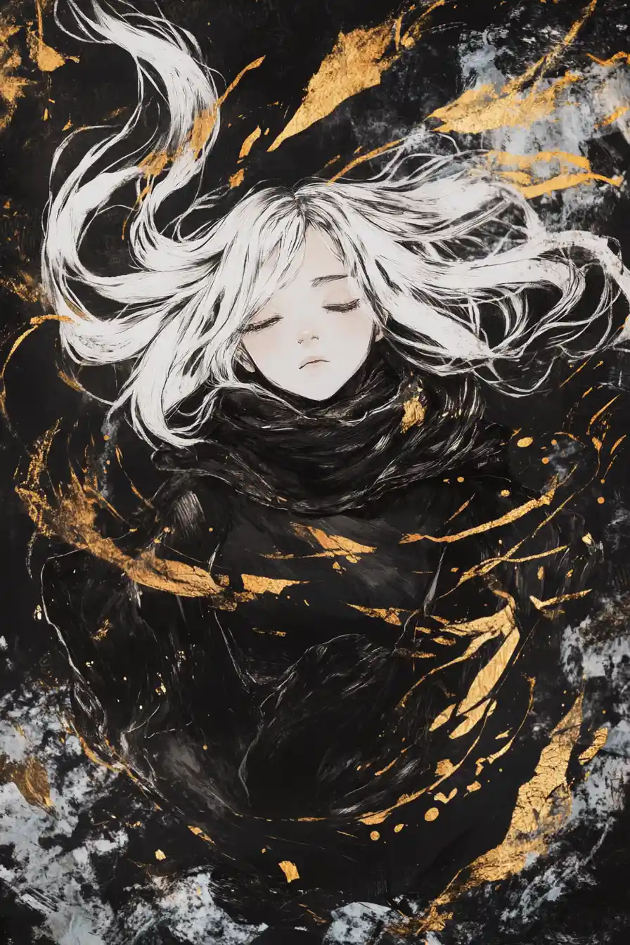 Young Japanese sorceress rising in a dark fantasy forest