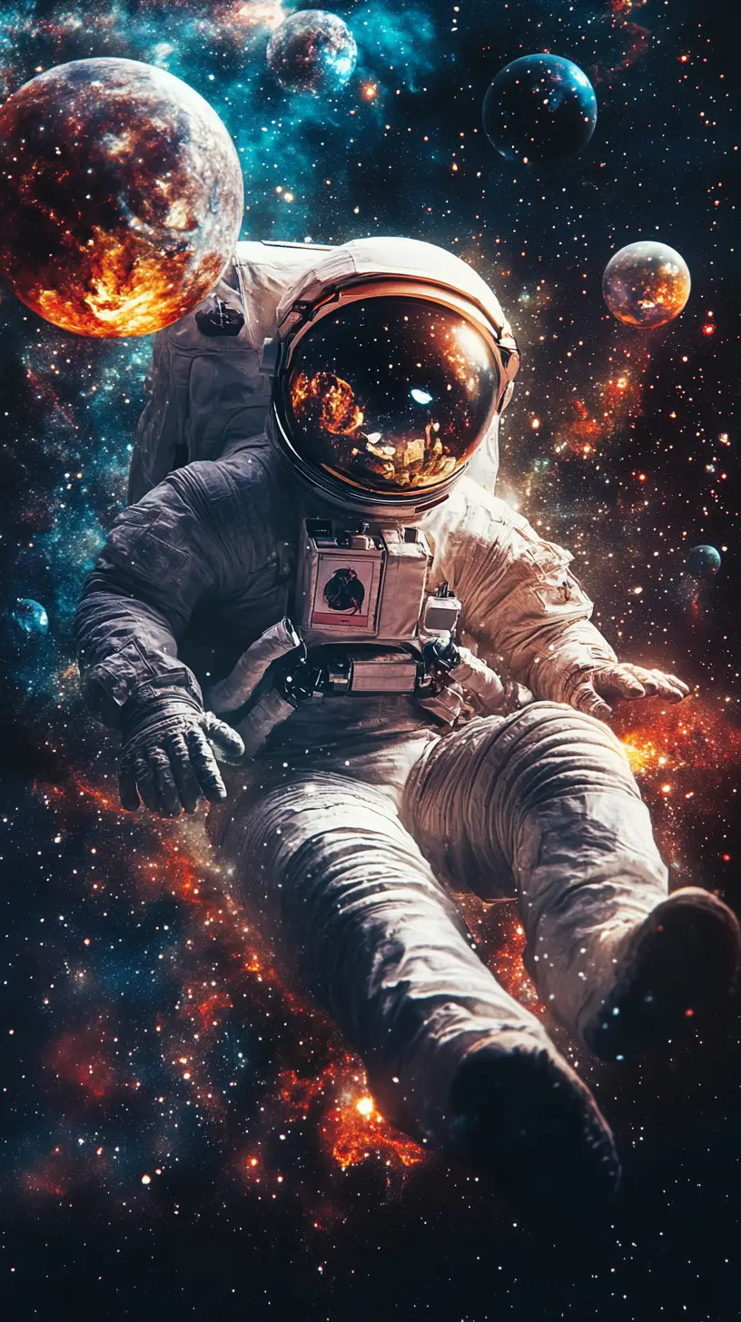 Astronaut skull drifting in a vast cosmic ocean