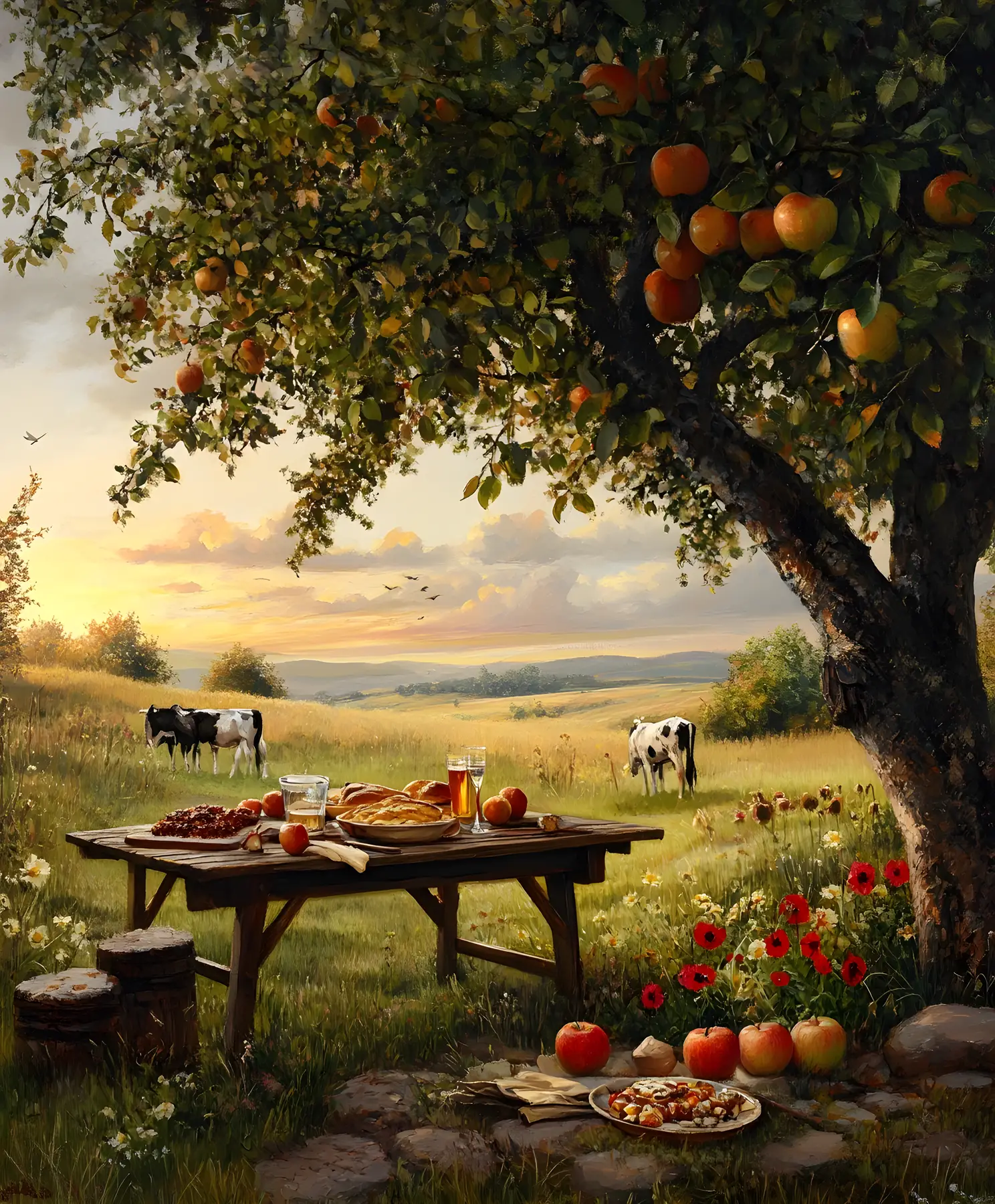 Apple tree and rustic table in a peaceful rural meadow