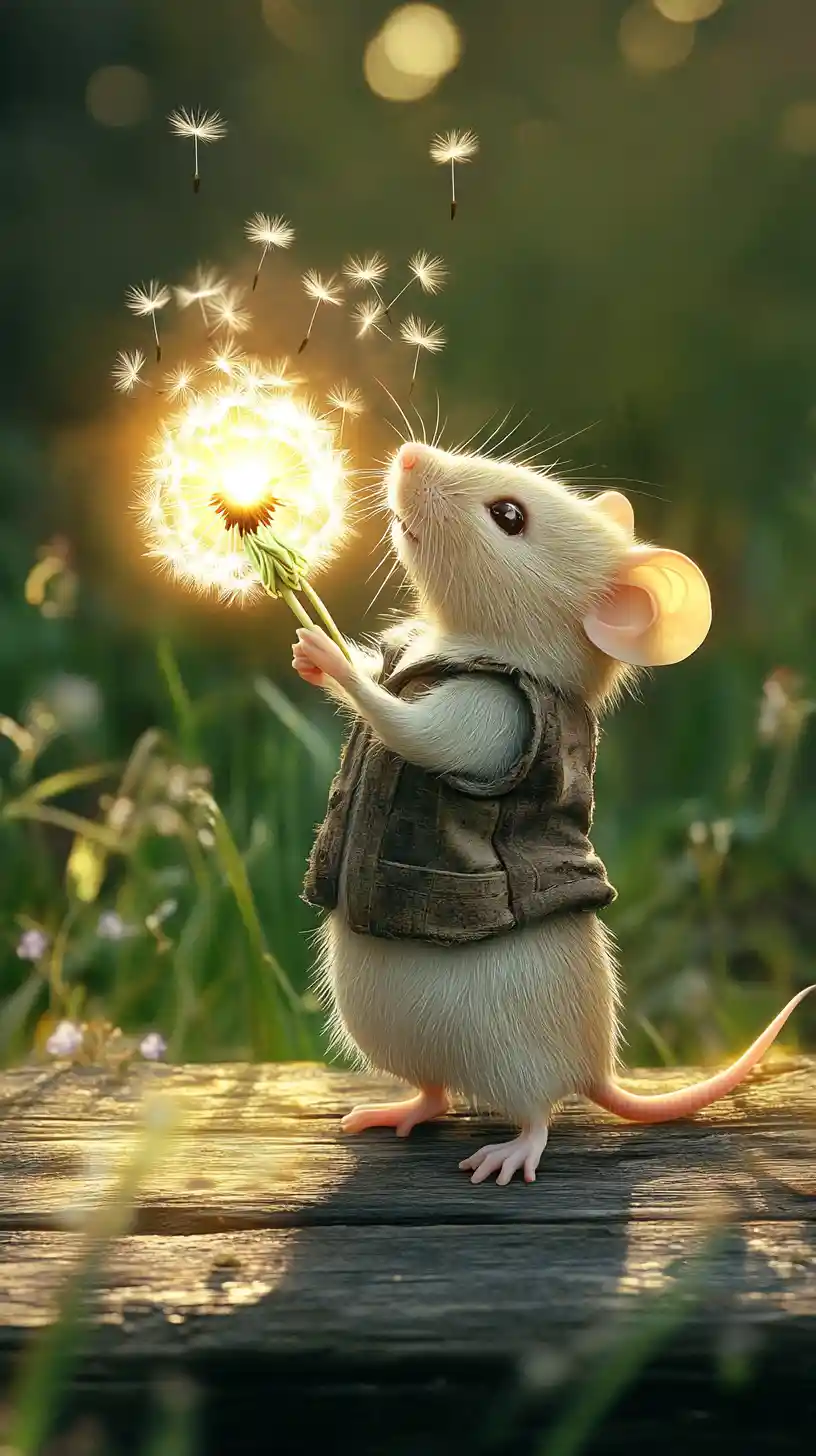 Whimsical mouse holding glowing dandelion in golden light