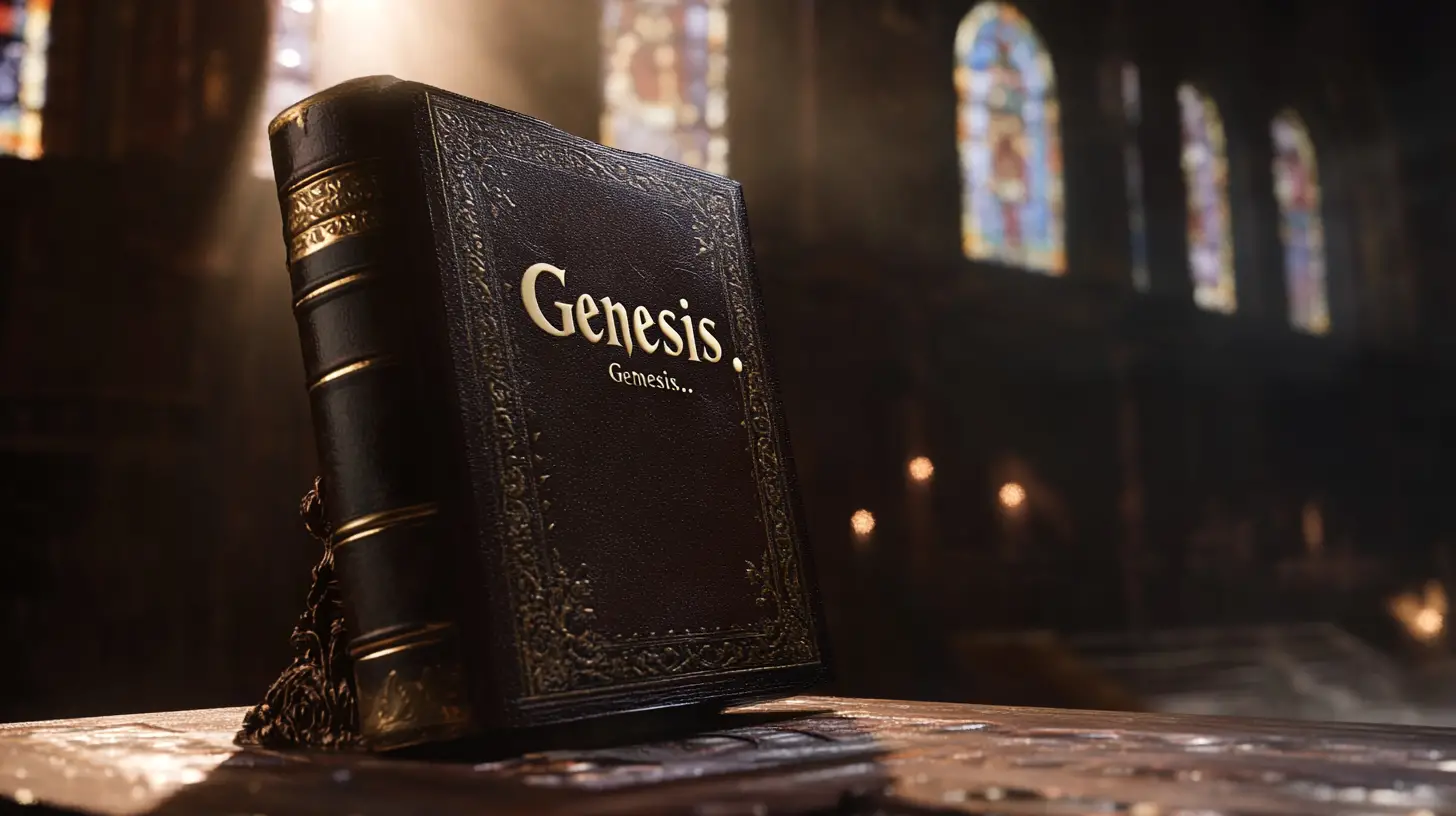 Mystical leather book of genesis in ancient library