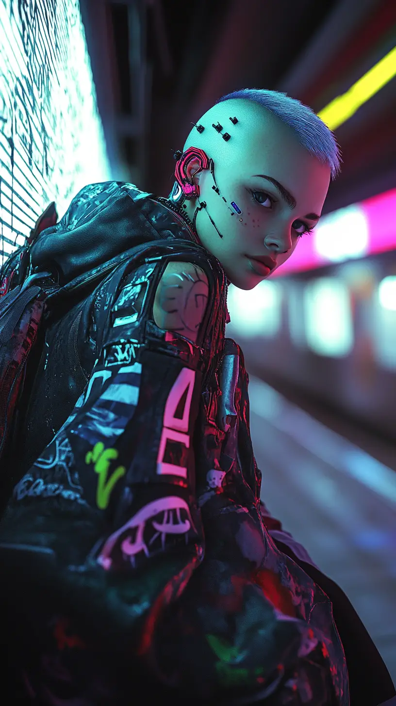 Cyberpunk girl tagging a glowing metro wall with graffiti