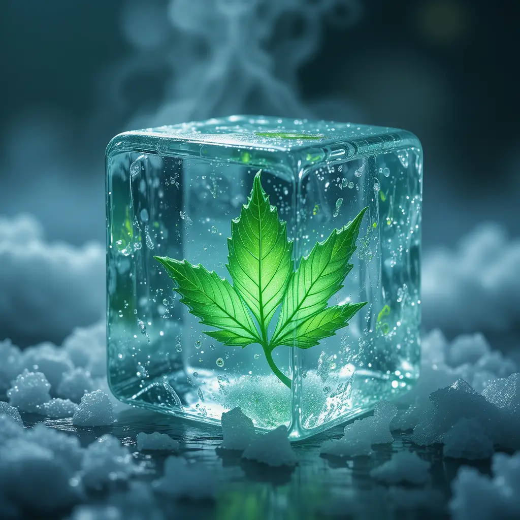 Glowing Green Leaf Encased In Textured Ice Cube