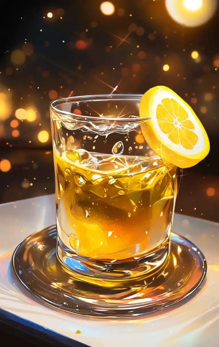 Glass of lemon juice with pieces of lemon on a table