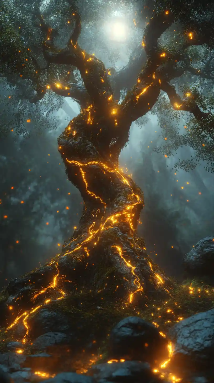 Glowing magical tree in a misty dark fantasy forest