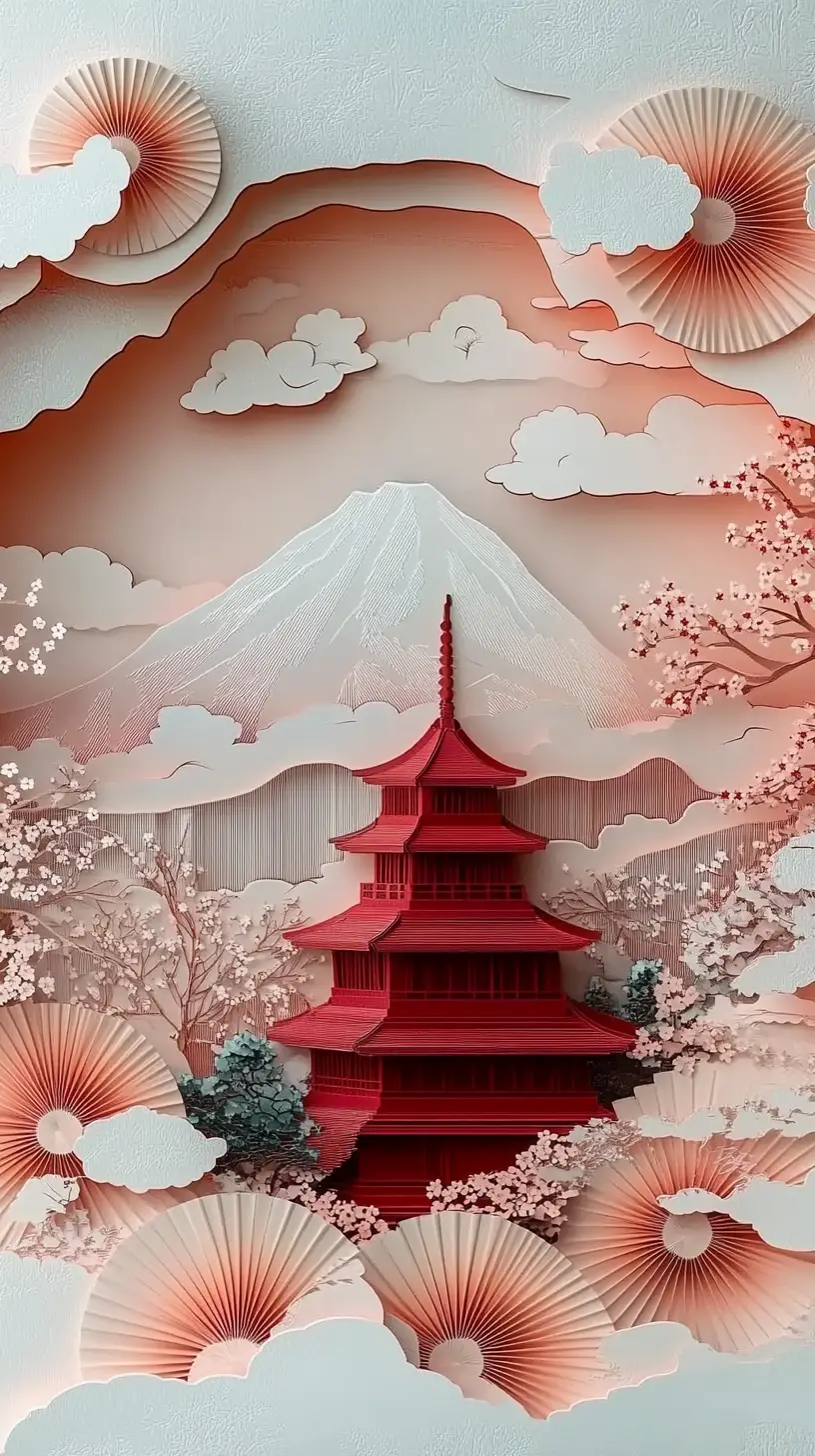 Layered Paper Art Landscape With Pagodas And Mount Fuji