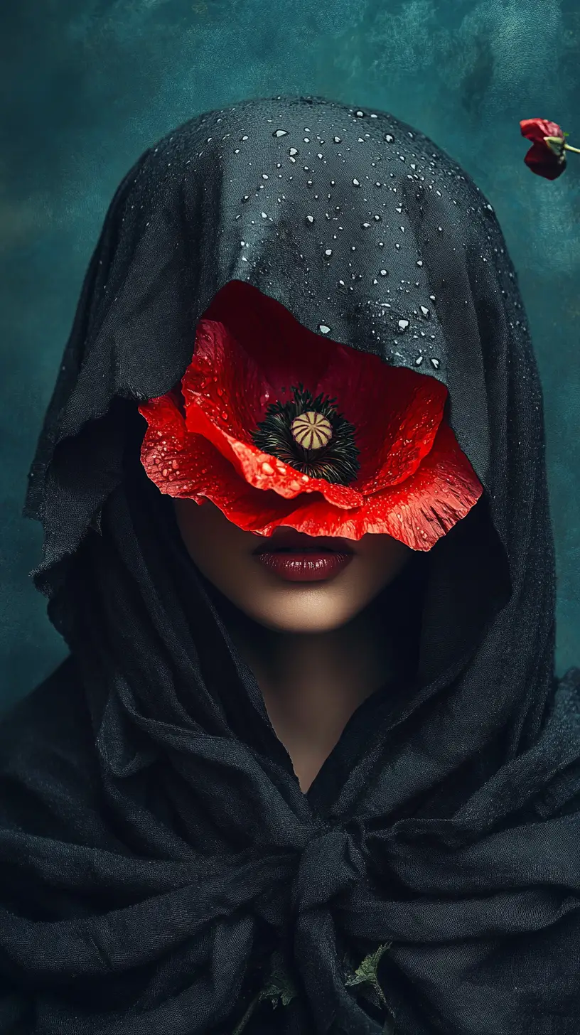 Hooded woman with red poppy flower obscuring her face
