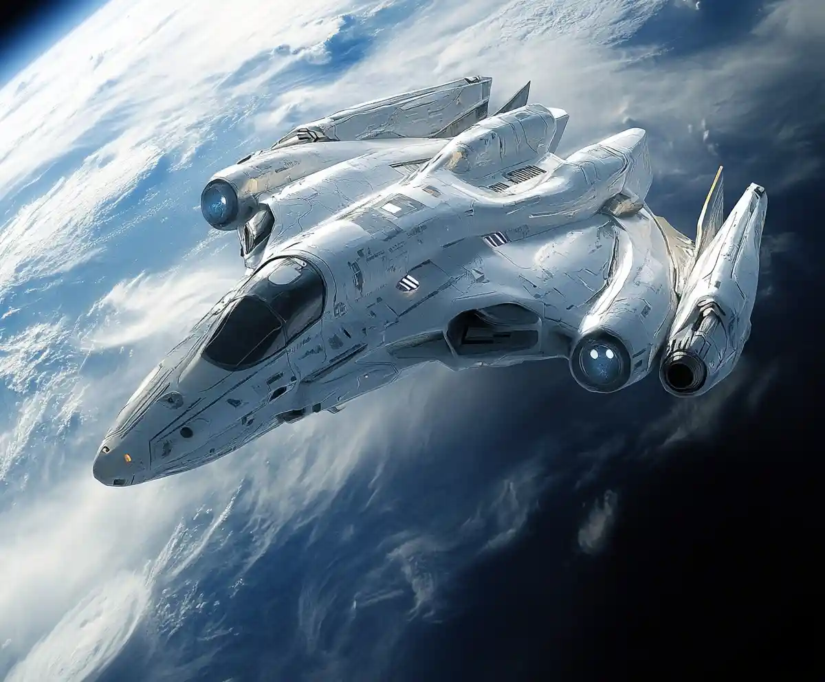 Futuristic spaceship soaring above Earth in deep space