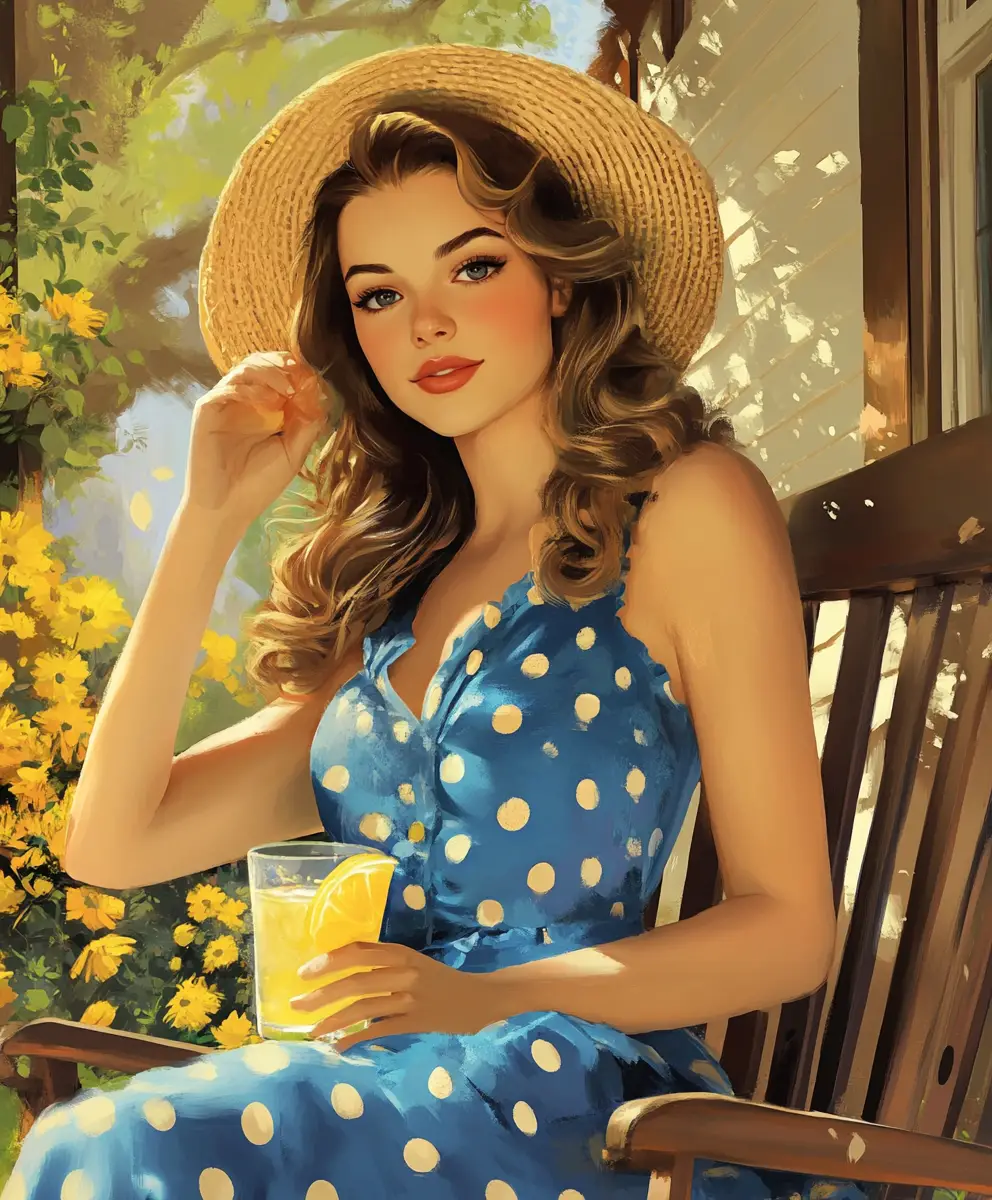 Young woman relaxing on porch in blue polka dot dress