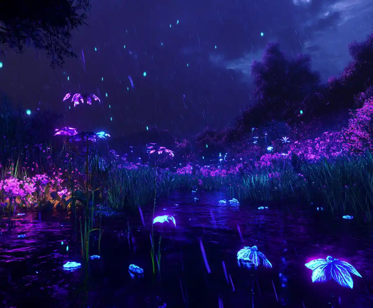 Biolumineszenter Sturm über einer Waldlichtung in der Nacht