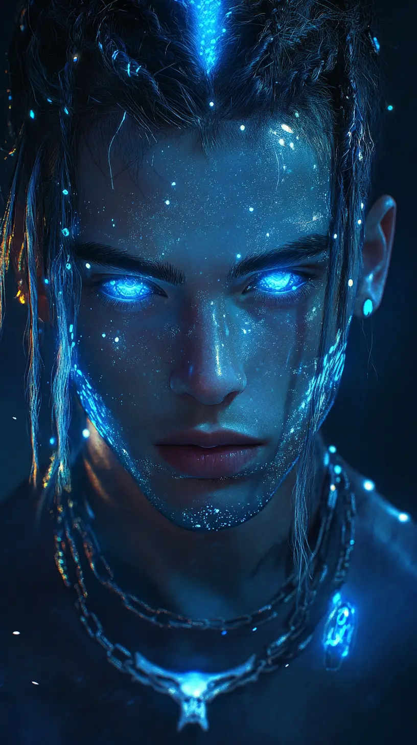 Futuristic Blue Skinned Man With Glowing Neon Eyes Portrait