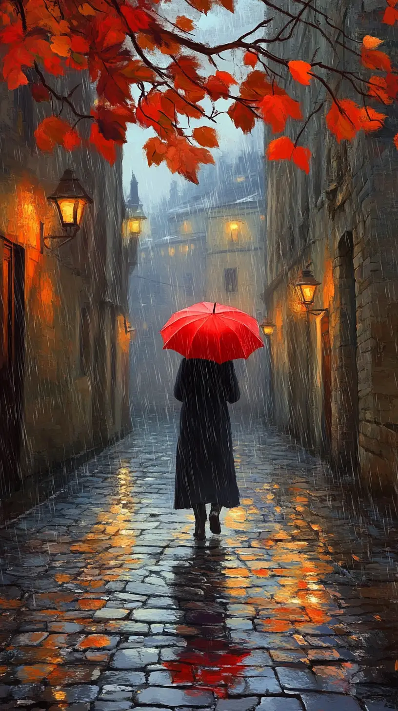 Lone figure with red umbrella on rainy cobblestone street