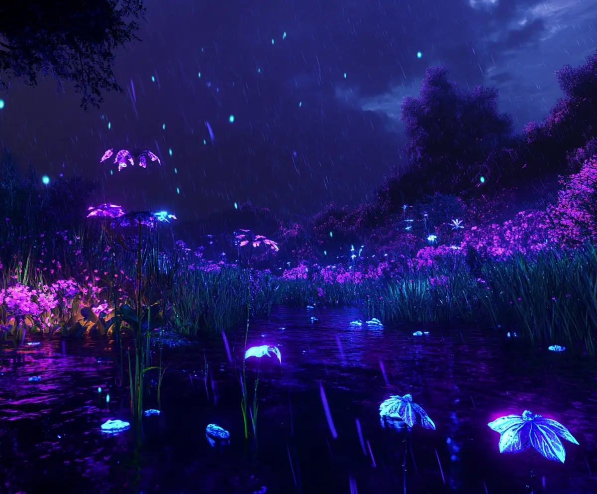 Bioluminescent Storm Above A Forest Clearing At Night