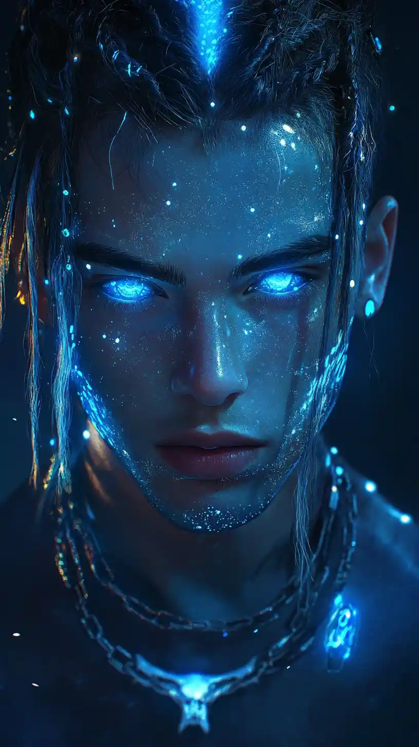 Ritratto Futuristico di Uomo dalla Pelle Blu con Occhi al Neon Luminosi