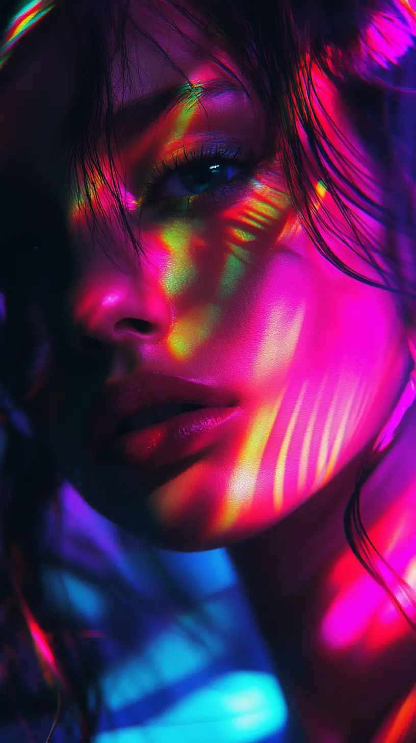 Mysterious Woman Portrait In Neon Lit Nightclub