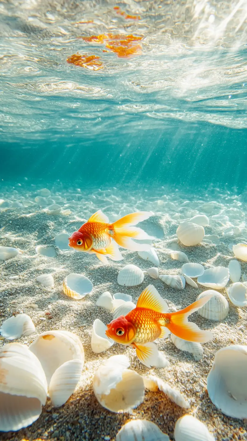Fröhliche Goldfische, die im klaren Wasser am Strand schwimmen