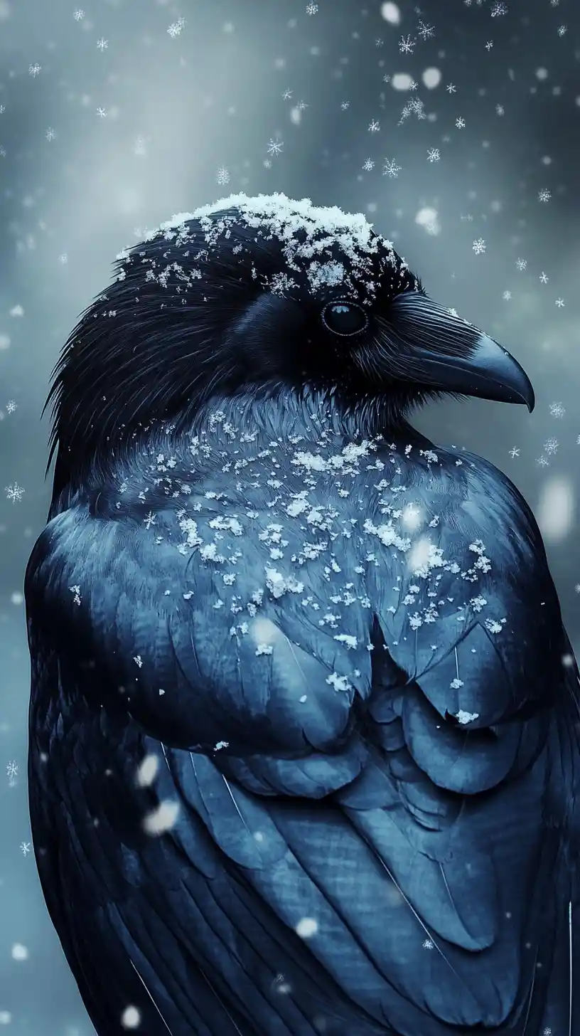 Snow covered raven in a tranquil winter illustration