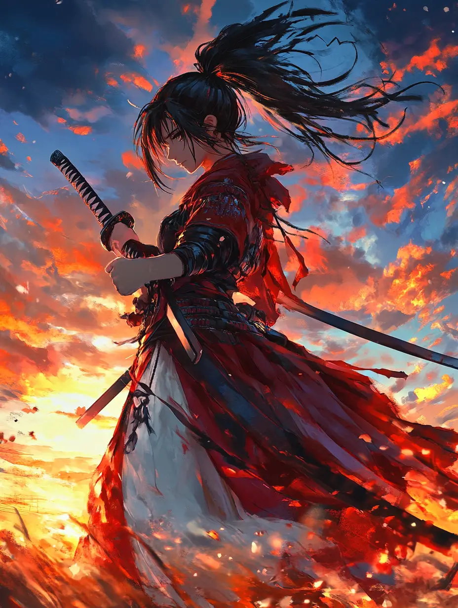 Dark haired woman samurai in red armor at sunset