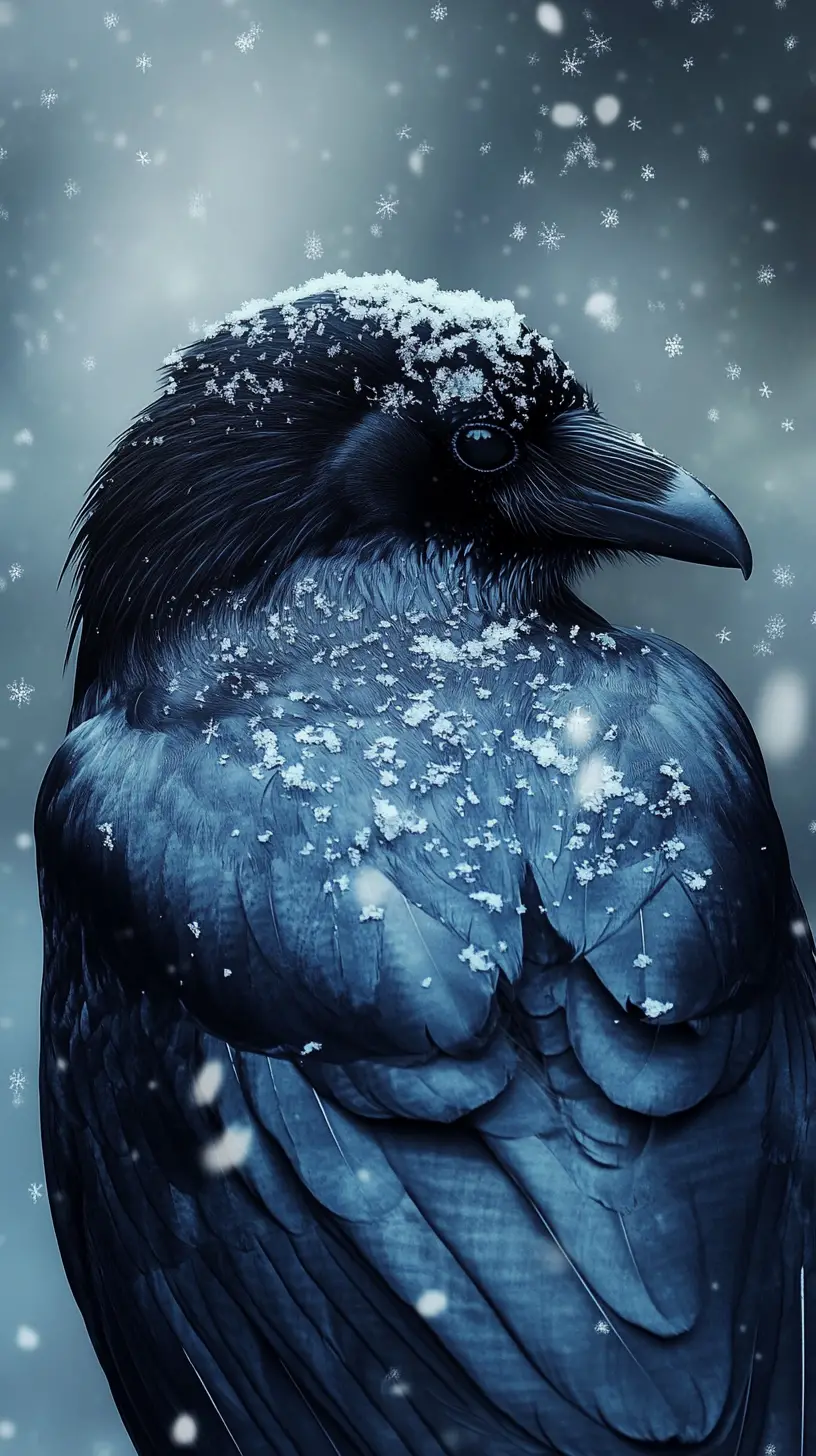 Snow covered raven in a tranquil winter illustration