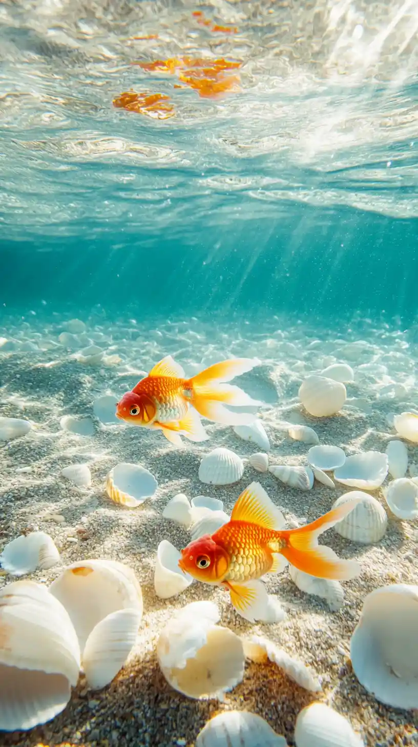 Cheerful goldfish swimming in clear water at the beach