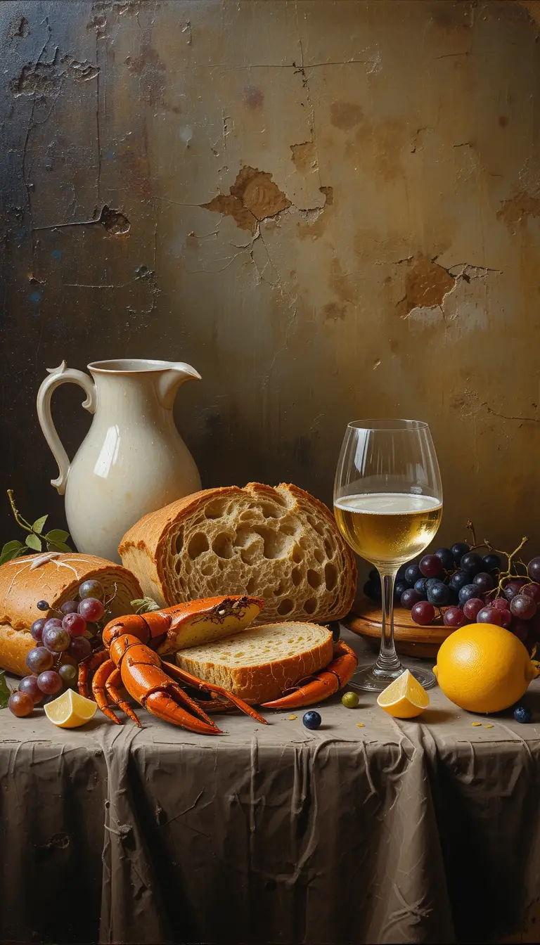 Warm oil painting still life with bread and wine