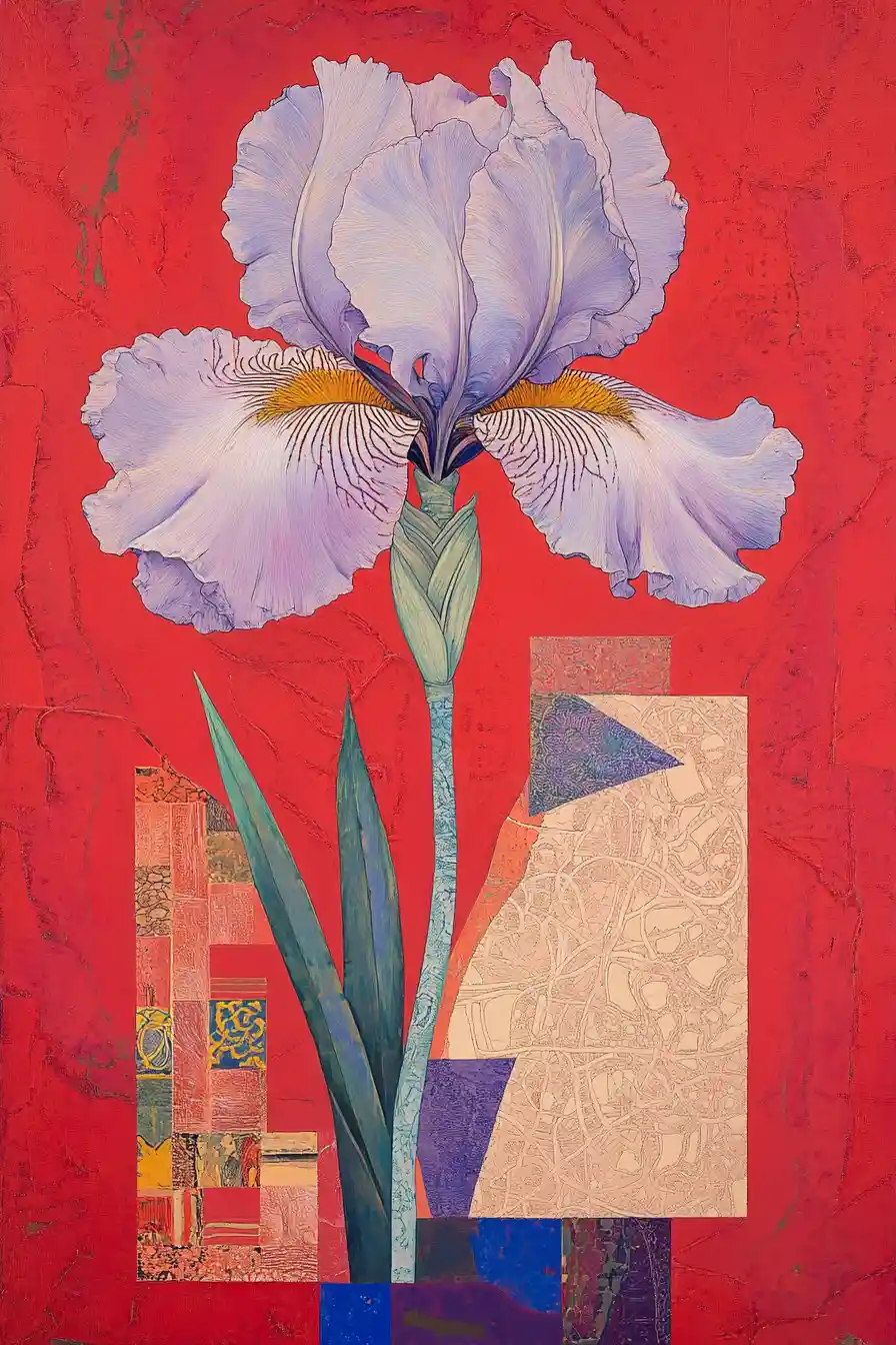 Stylized Iris Floral Painting On Bold Red Background