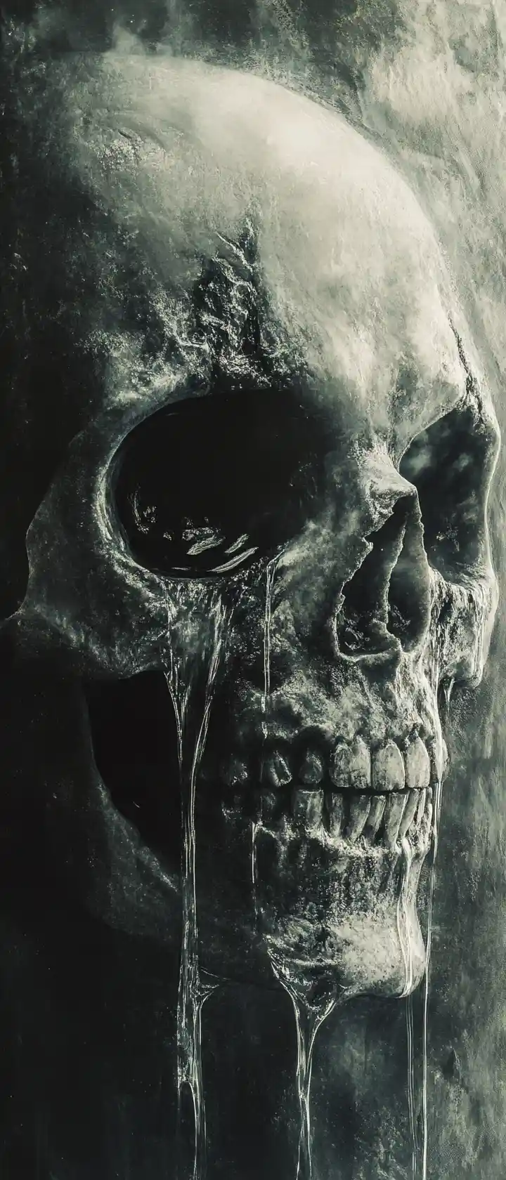 Extreme close up skull merged with crying human face