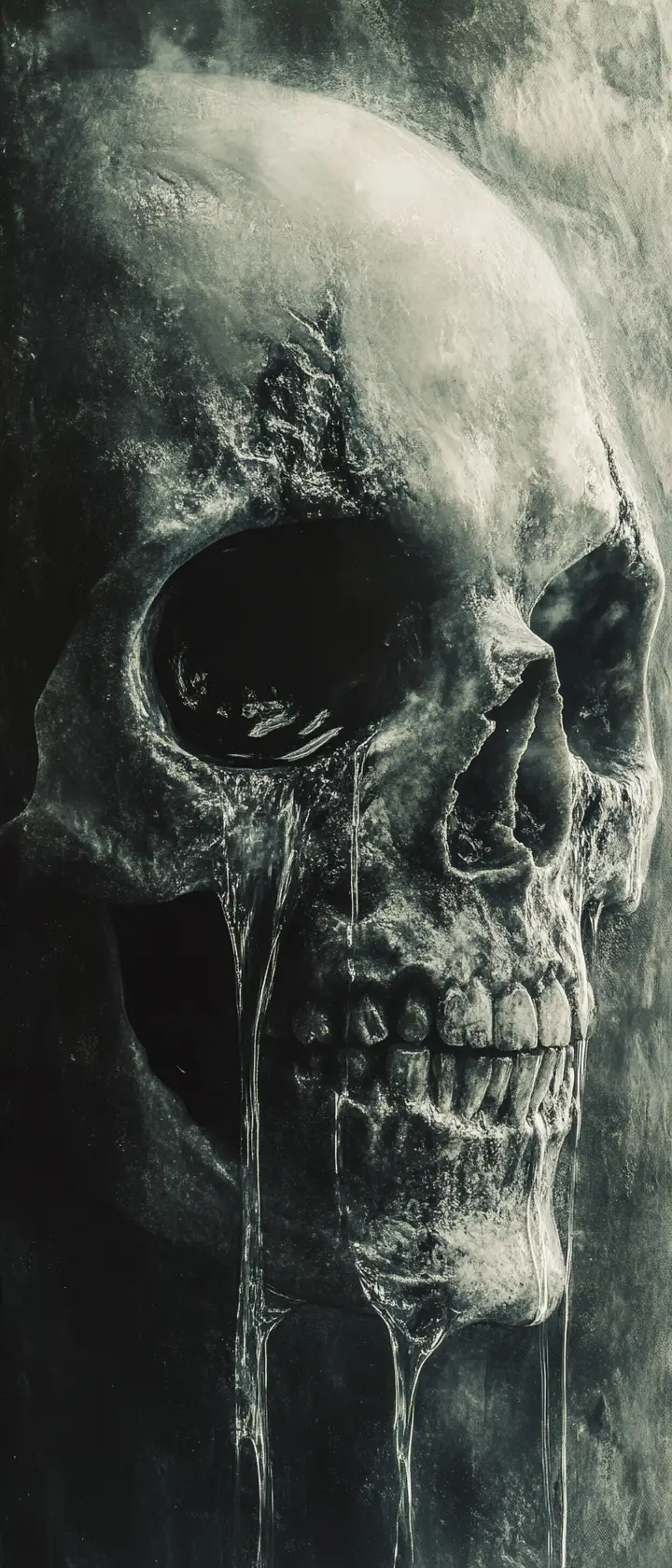 Extreme close up skull merged with crying human face