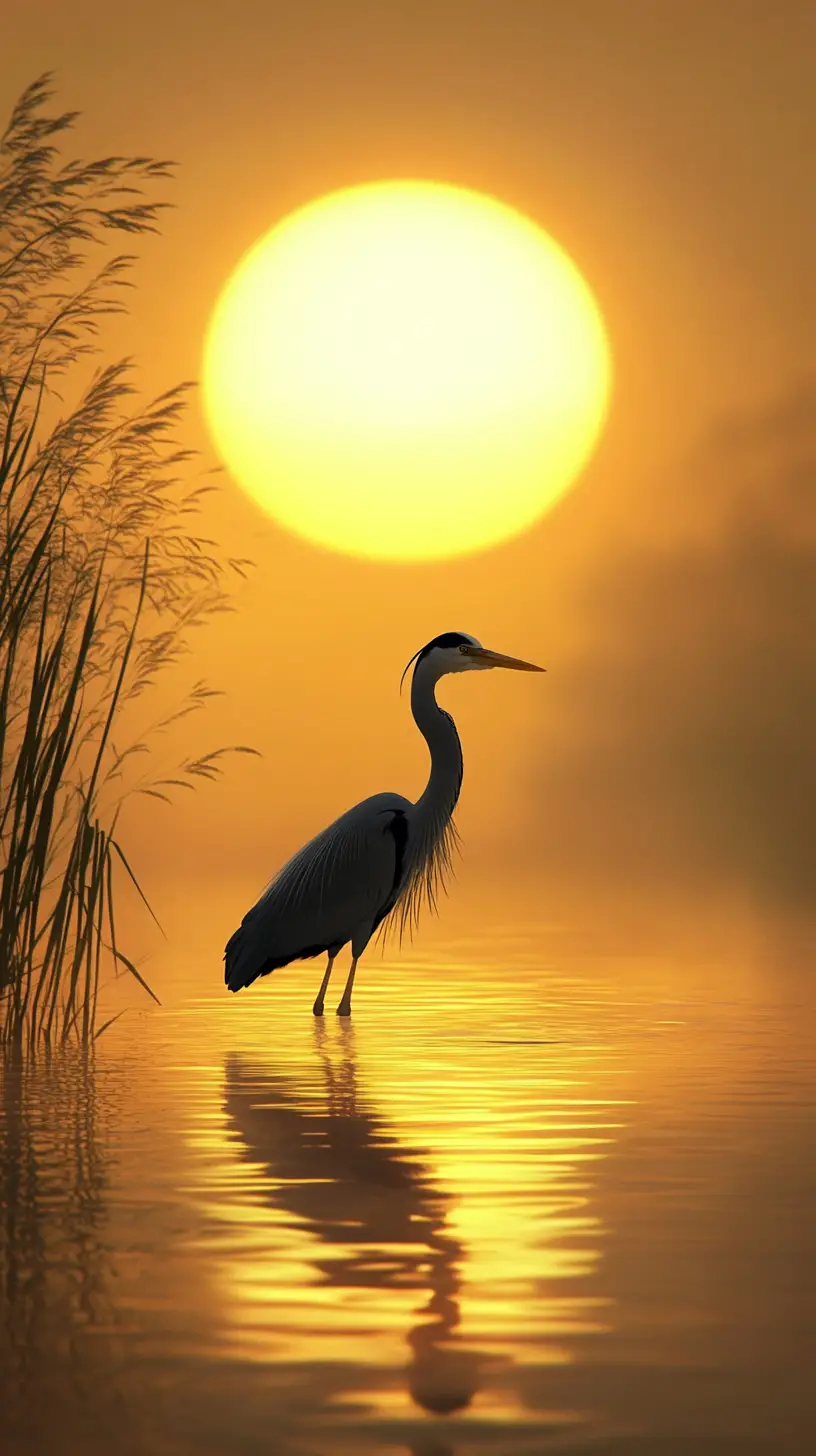 Majestic heron in golden mist over calm water