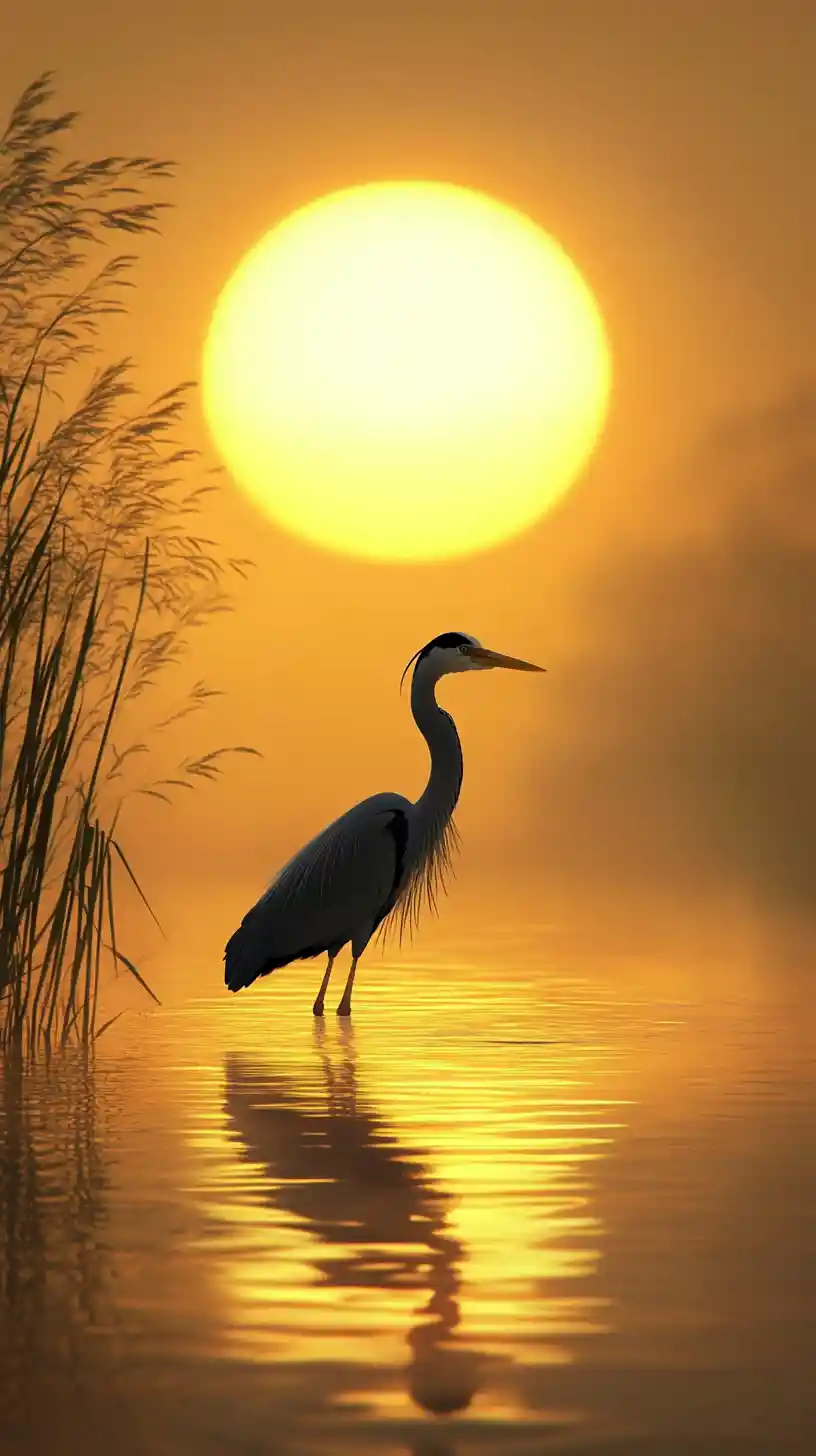 Majestic heron in golden mist over calm water
