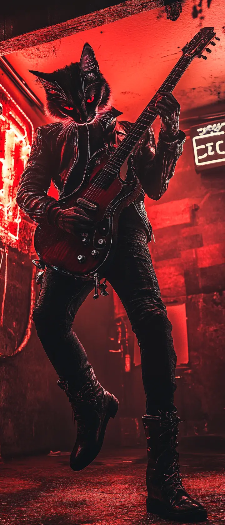 Gen X cat playing guitar in a gritty garage