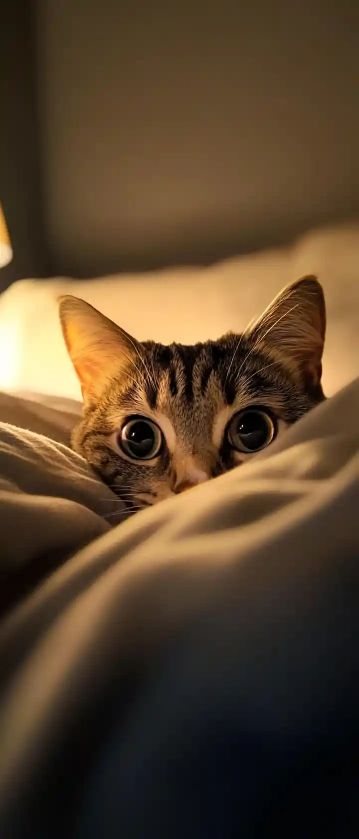 Chat curieux qui regarde par-dessus le lit depuis sous des couvertures douillettes