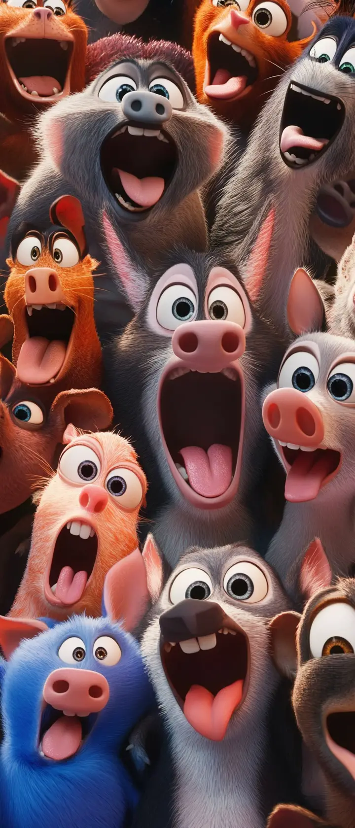 Cartoon animals pulling silly faces at the camera