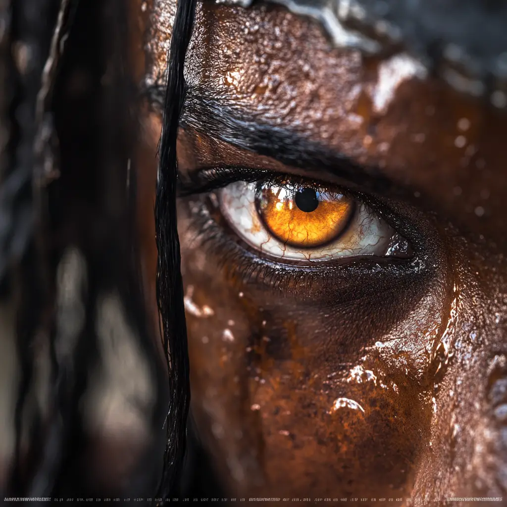 Fierce female warrior eye in dramatic close up portrait